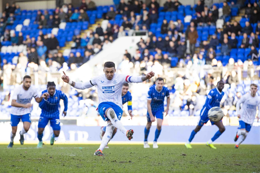 James Tavernier scores from the penalty spot during St Johnstone match